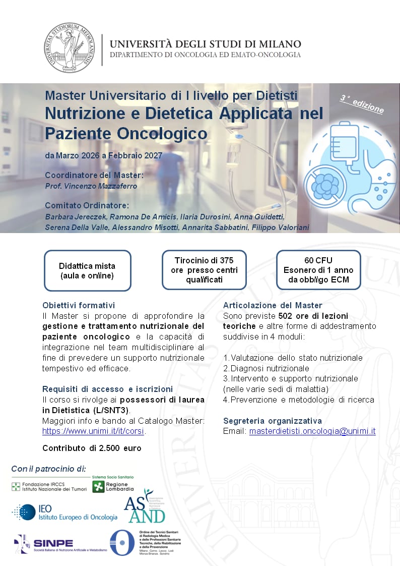 Master in nutrizione e dietetica applicata nel paziente oncologico